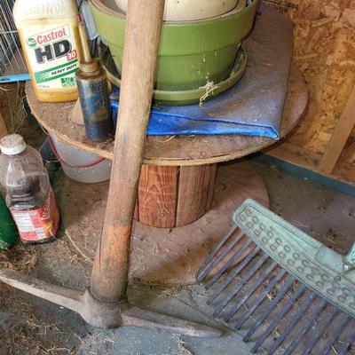 Wooden spool, pick axe
