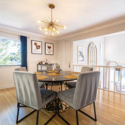 Bernhardt pedestal dining table Grey velvet dining room chairs x 8 
