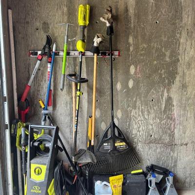 Garden Equipment Rake, Power washer sheers, pruners, edgers, loppers