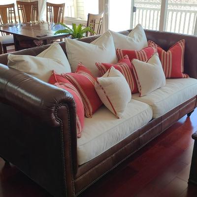 Drexel Brown And White Leather And Microfiber Sofa