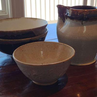 Ceramic Earth Tone Pitcher And Bowls