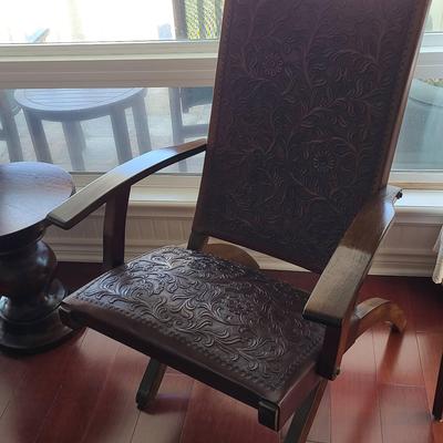 Wood And Embossed Leather Accent Chair