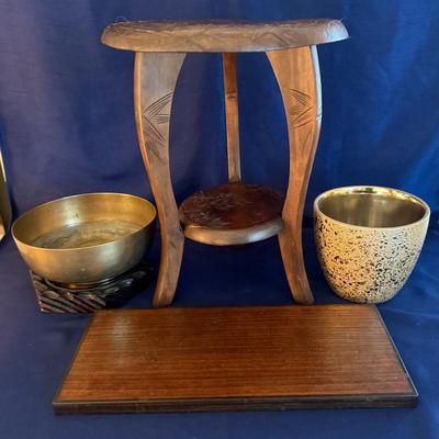 Lot 402: Antique Japanese Carved Wood Table, Brass Chakra Singing Bowl And Gold Crackle Planter Pot