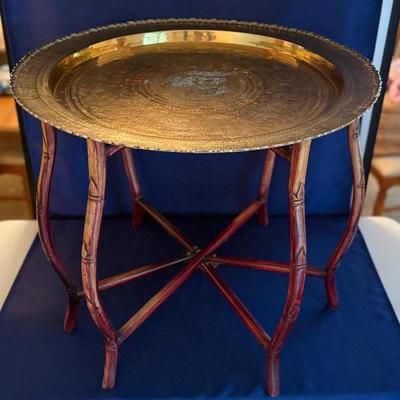 Lot 400: Antique Asian Engraved Brass Tray With Folding Fable