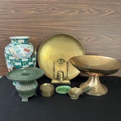 Lot 304: Vintage Gold Imari Vase, 13-14” Brass Engraved Bowl, And More