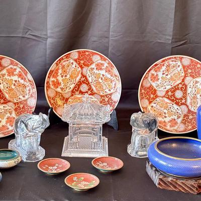 Lot 218: Three Chinoiserie Gold Imari Painted 12 3/8” Platters Plus Other Asian Decor