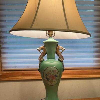 Vintage Sea Green Lamp with Asian Character Finial 