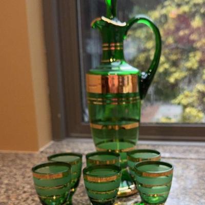 Vintage Green/Gold Decanter & Cordials 