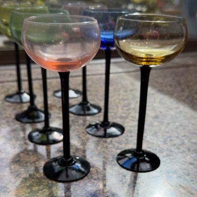 Mid Century Jewel Tone Cordial Glasses w/ Black Stems