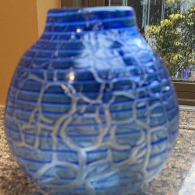 Hand Blown Blue Crackle Glass Vase 
