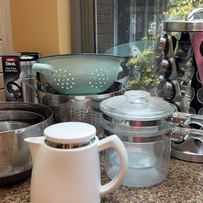 Epicurious Bowls, Pyrex Double Boiler, Stainless Spice Rack w/Jars 