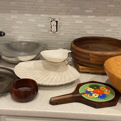 Silver Plate & Cups, Pewter Stainless Wood Bowls, & Ceramic Serving Pieces