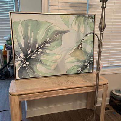 Wooden Sofa Table, Floor Lamp, and Framed Leaf Canvas Wall Art 