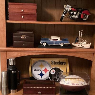 Variety of decor steelers jewelry boxes, vehicles