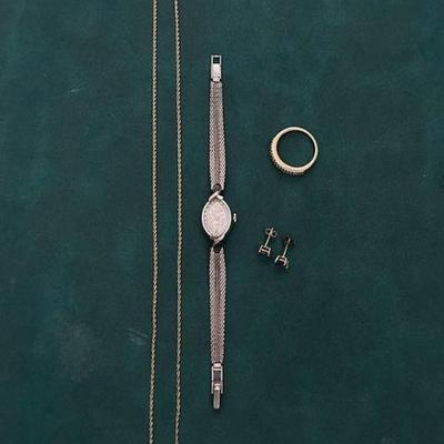 14 karat gold necklace watch ring earrings