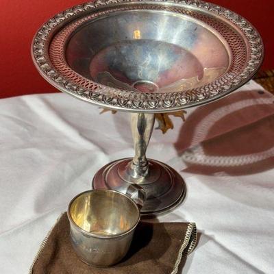 Sterling weighted candy dish and monogrammed childs cup