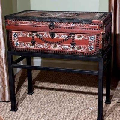 19th c chinese camphor wood chest on metal stand