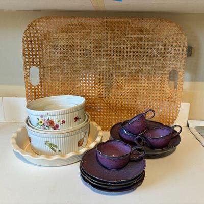 Emile henri large pie dish rattan tray and handmade purple teacups