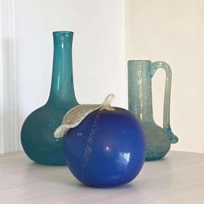 Crackle glass blue vase & apple paperweight