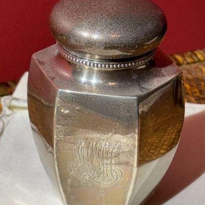 Signed clar true, monogrammed , sterling silver tea caddy