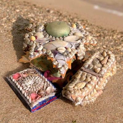 Antique victorian seashell collection boxes needle book