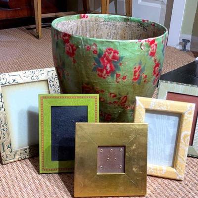 Chinese papier mache bin complementing photo frames