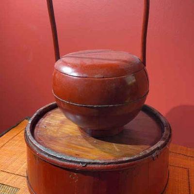 Asian red lacquer rice bucket lid and round dumpling box