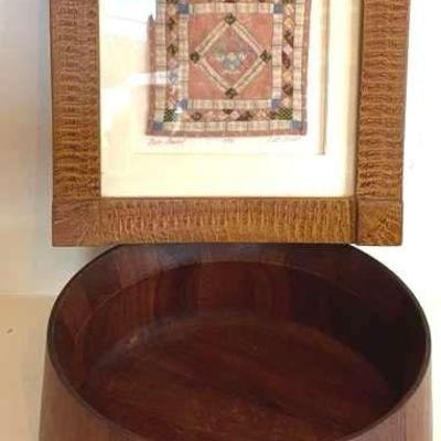 Teak serving bowl and kate adams miniature quilt art