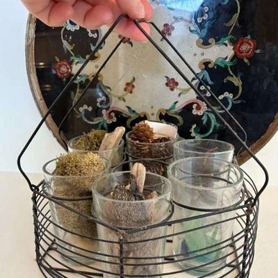 Vintage wire bottle carrier complementing tray