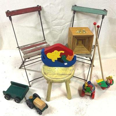 Vintage kid s toys and folding chairs