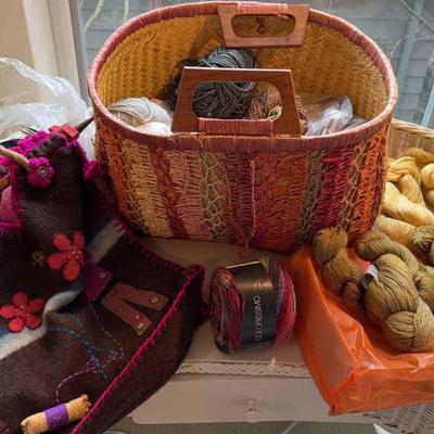Special knitting basket embroidered bag & variety of yarn skeins