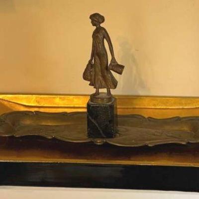Small bronze girl with water jugs" and antique pen tray