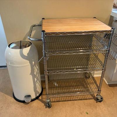 Rolling butcher block cart and vintage inspire trash bin