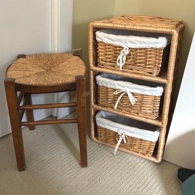 Rush seat stool and woven set of drawers
