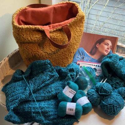 Knitting basket skeins of cashmere yarn & unfinished projects