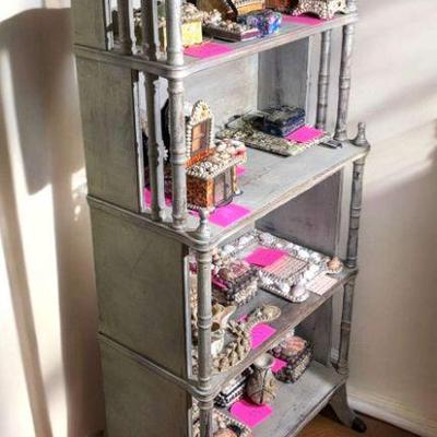 Four shelves distressed, spindle etagere