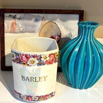 Original decarlos signed watercolor barley canister & vase