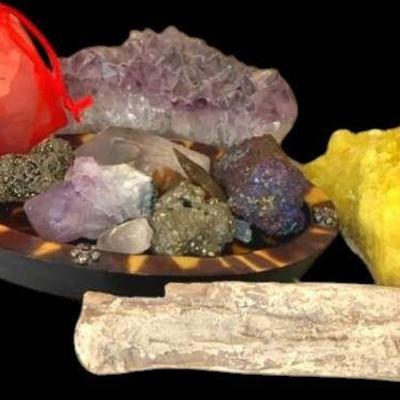 Collectible rocks sulphur pyrite, amethyst, arrowheads