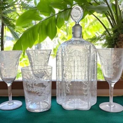 Vintage finely etched glass decanter glasses