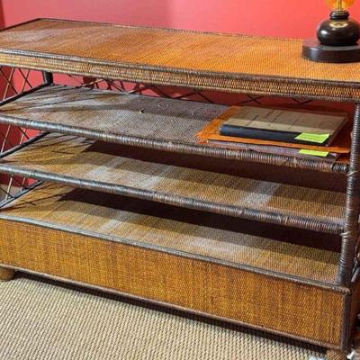 Woven grasscloth rattan console table