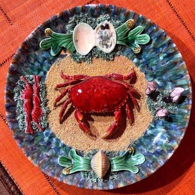 Crab palissy style majolica trompe l oeil wall plate, made in portugal