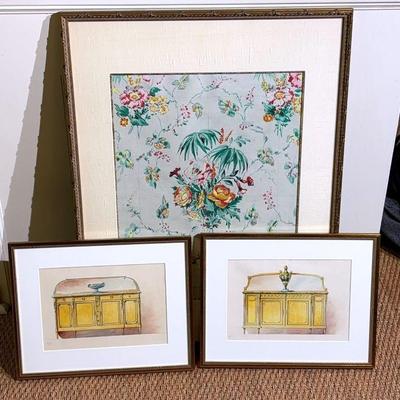 Two framed chiffonier prints antique hand painted wall paper sample