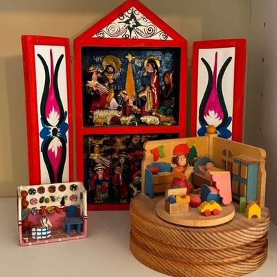 Peruvian mini nativity and german music box