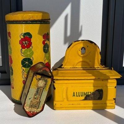 Vintage match holder other tins