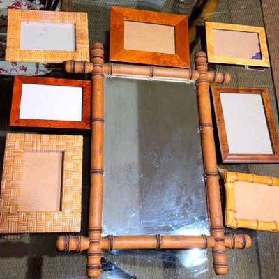 Vintage bamboo wall mirror with complementing photo frames