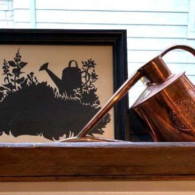 Vintage wood tray framed art & copper watering can