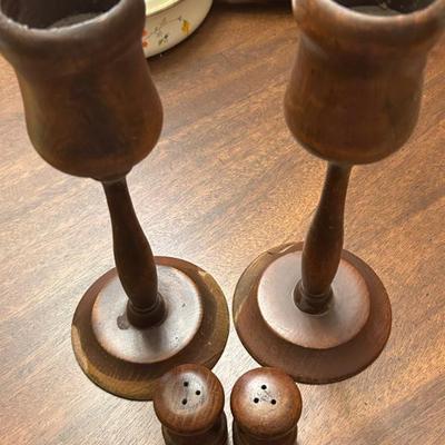 Wood Candlesticks and Wood Salt/Pepper Shakers 