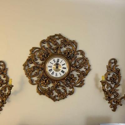 Vintage Gold Wall Clock and Candlestick Holders