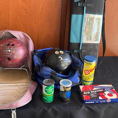 Vintage Sporting Goods Lot — Bowling Balls, Croquet Set, Marksman Toy,Tennis Balls 