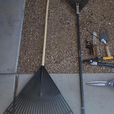 Large Lot of Assorted Yard and Garden Hand Tools - Rakes, Shears, Cultivator, Shovel